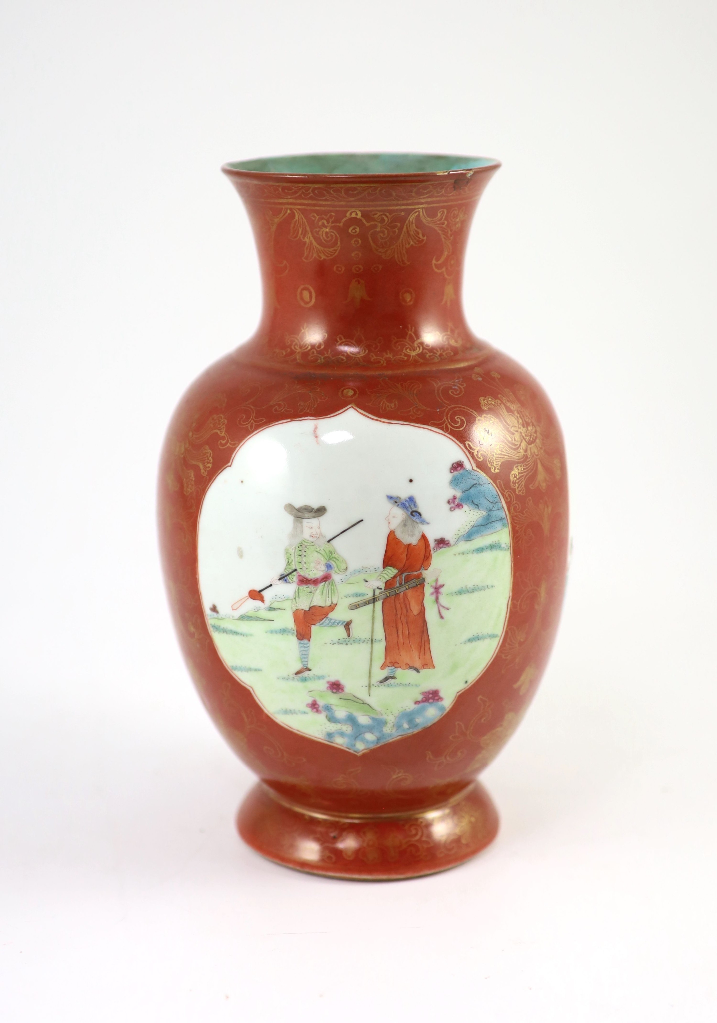 A Chinese coral ground ‘foreigners’ vase, Qianlong/Jiaqing period, 23 cm high, discoloured restoration to neck